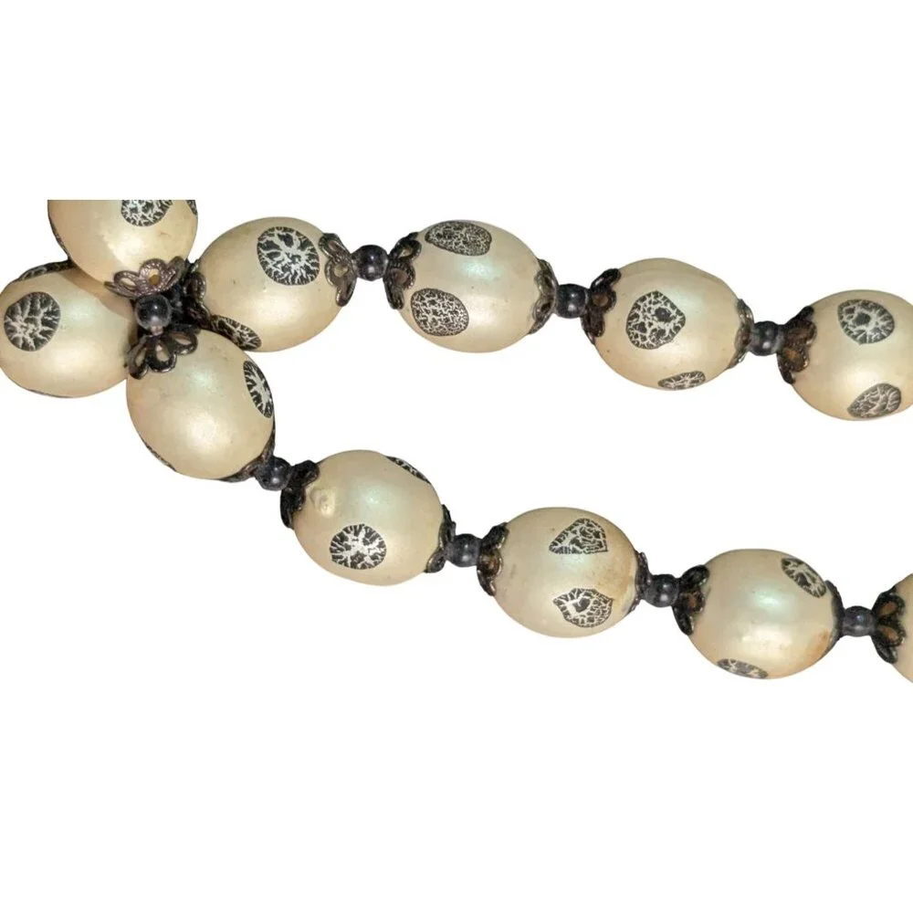 Handcrafted Double-Strand Cream Bead Necklace  Black Accents Floral‎ Etched